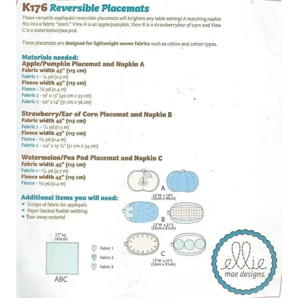 Kwik Sew Sewing Pattern K176 Reversible Placemats Fruit‎ Vegetables